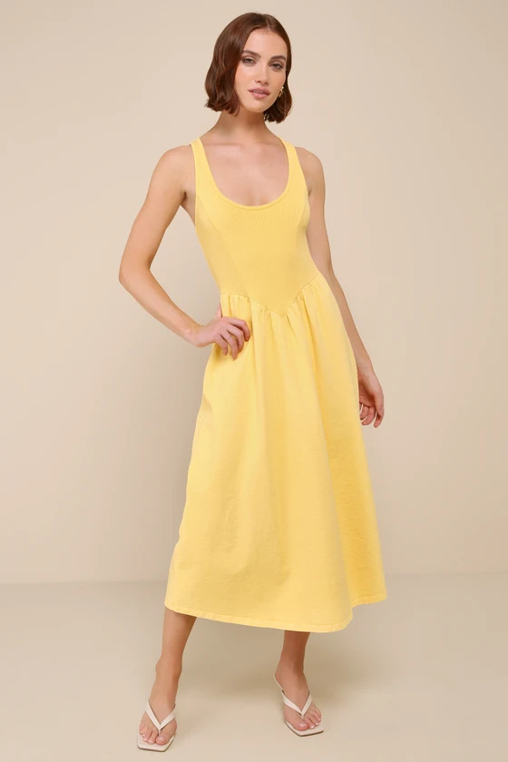 Summer Beauty Light Yellow Ribbed Twist-Back Midi Dress | Lulus