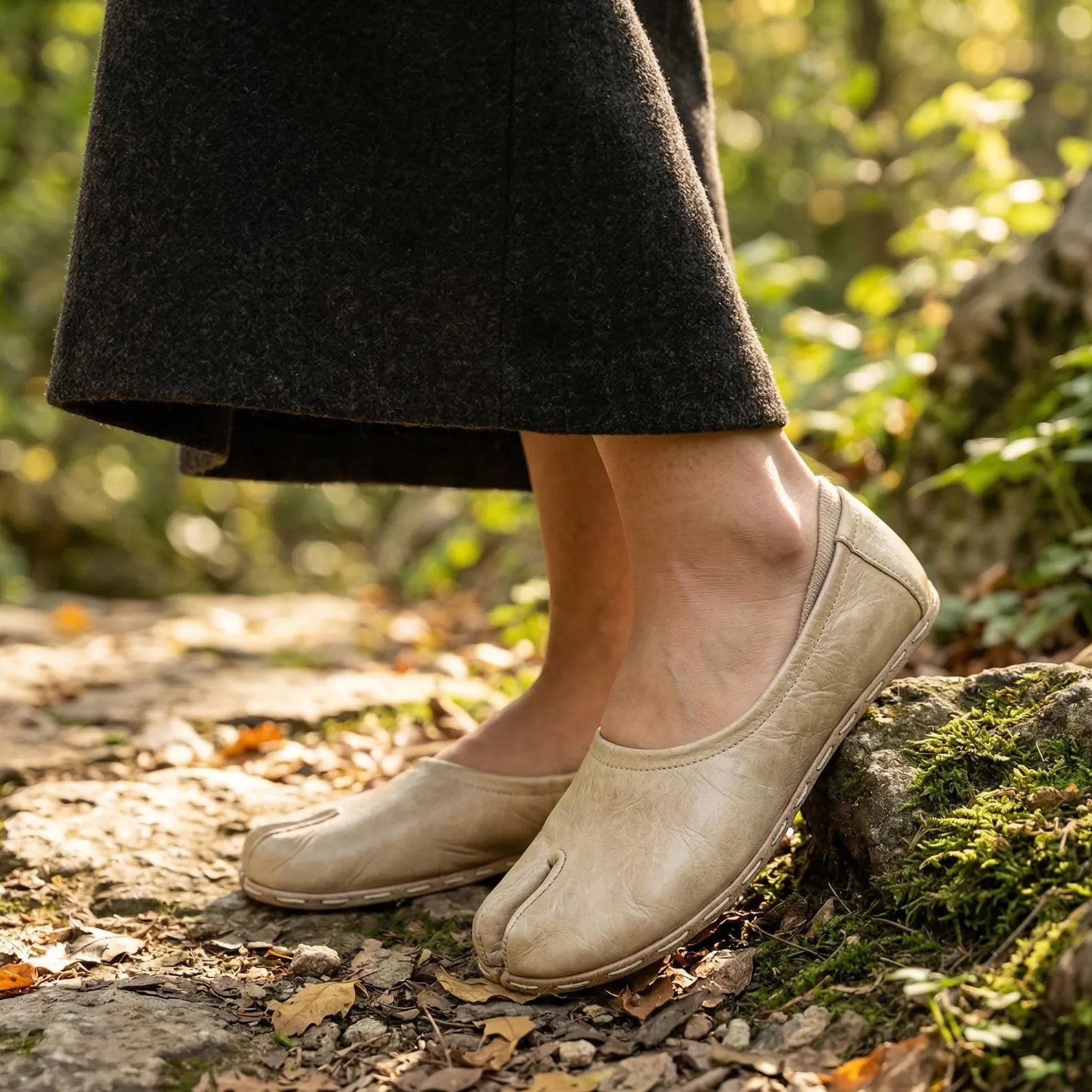 Women Handmade Split-Toe Tabi Shoes, Beige Crazy Leather Ballet Flats | Etsy (Global)