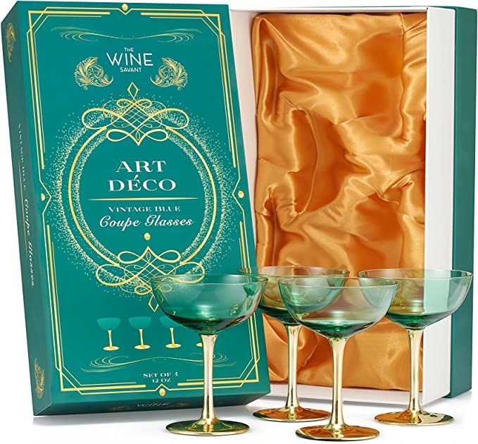 Colored Coupe Art Deco Glasses, Gold | Set of 4 | 8 oz Classic Cocktail Glassware for Champagne, ... | Amazon (US)