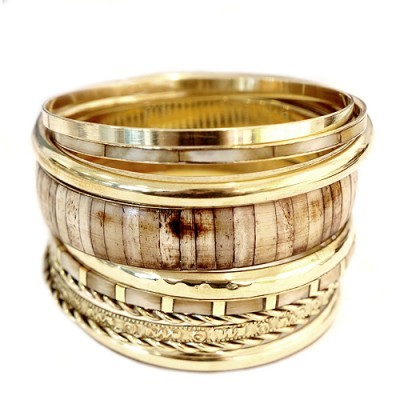 C Jewelry Gold & Brown Wood With Gold Bangles Set Of 10 Pieces | Unbeatable Sale