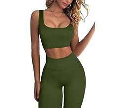 QINSEN Ribbed Workout Outfits for Women 2 Piece Seamless Sport Bra High Waist Yoga Leggings Sets | Amazon (US)