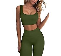 QINSEN Ribbed Workout Outfits for Women 2 Piece Seamless Sport Bra High Waist Yoga Leggings Sets | Amazon (US)