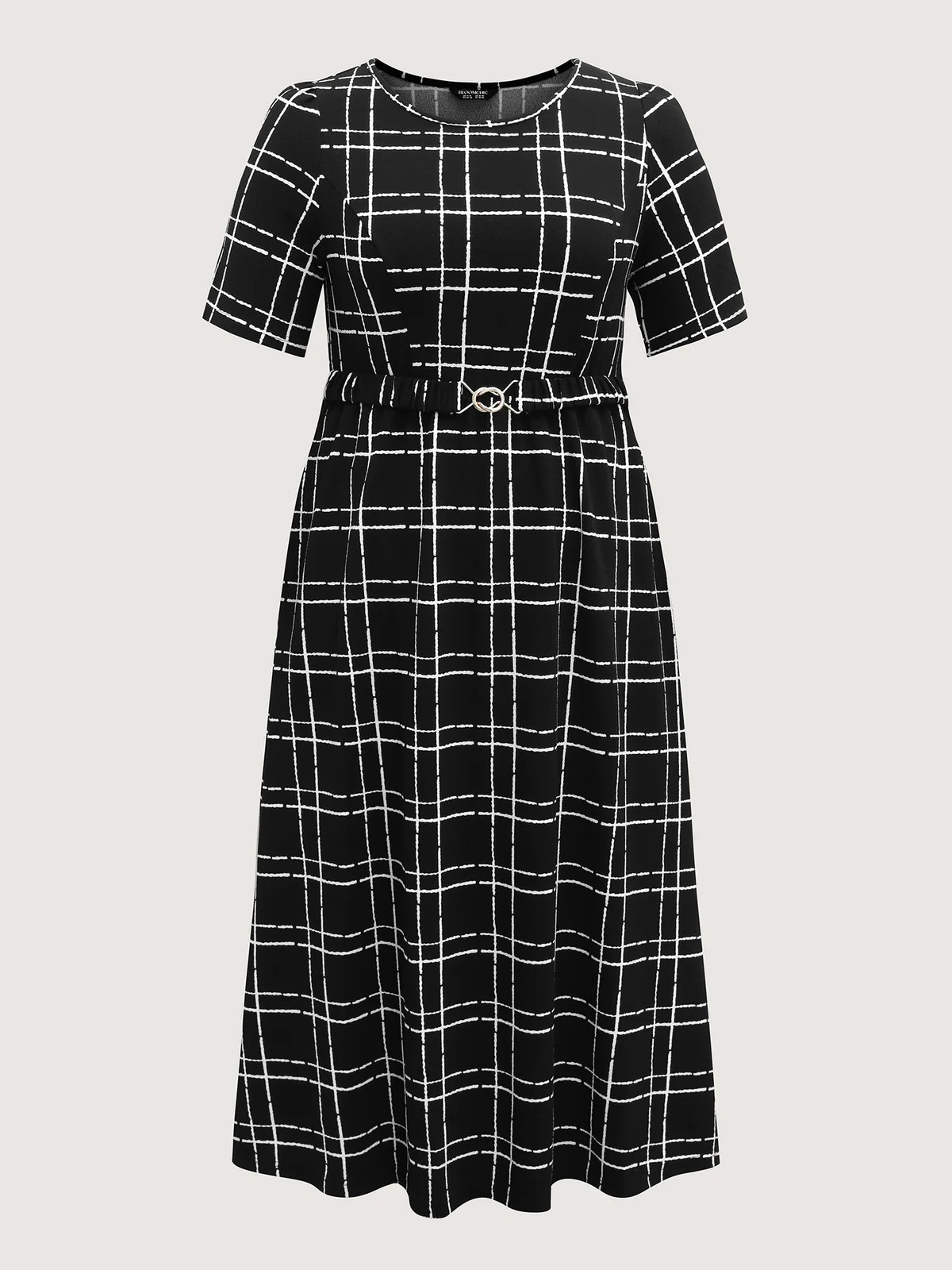 Grid Print Knit Belted Midi Dress | Bloomchic