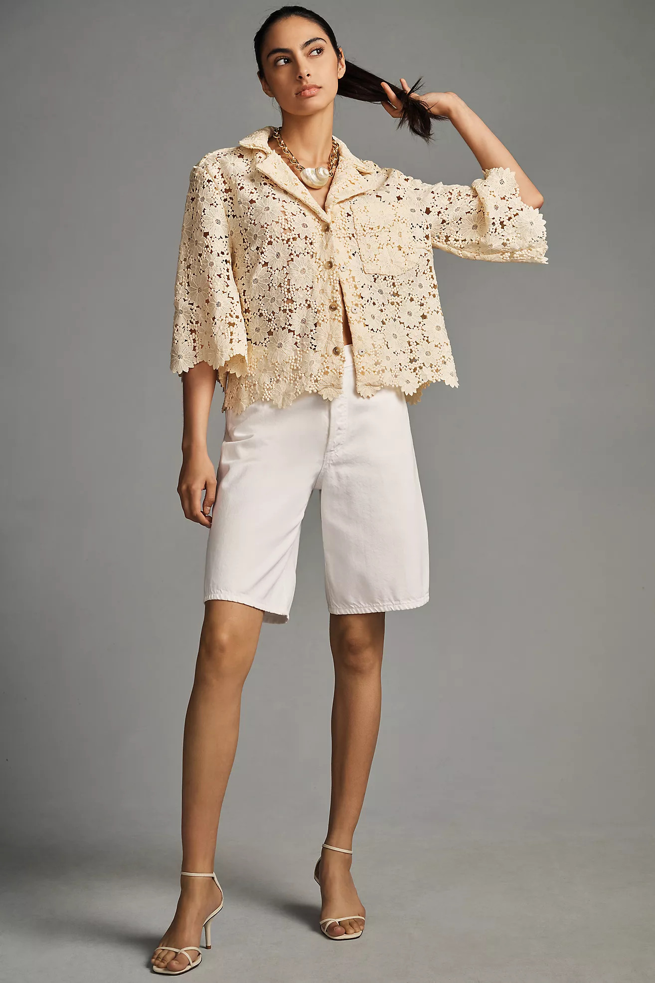 Maeve Lace Half-Sleeve Buttondown Shirt | Anthropologie (US)