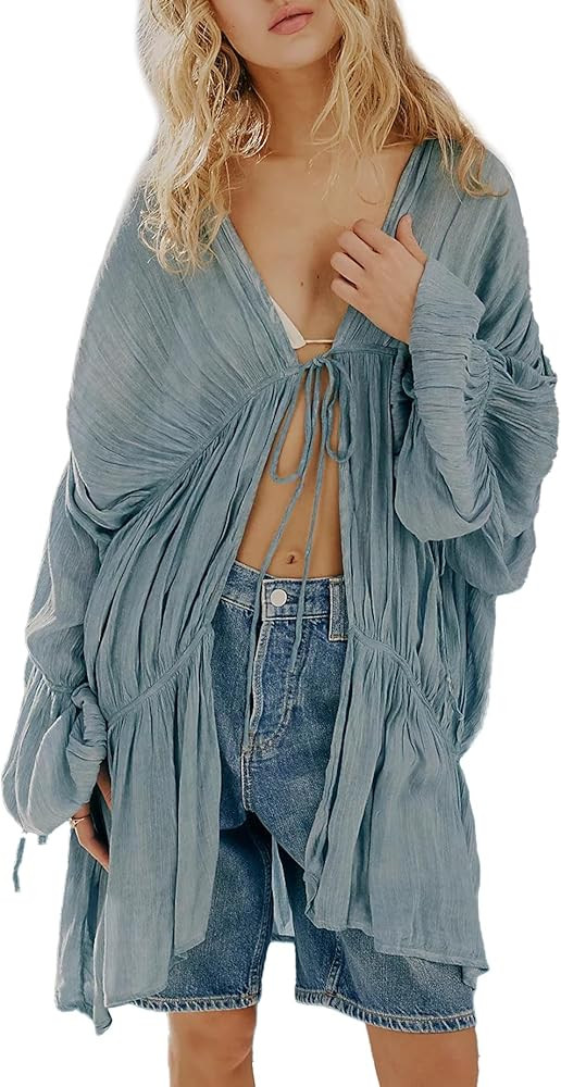 Womens Swimsuit Coverup Flowy Ruched Bell Sleeve Beach Cover Up Tops Summer Casual Long Chiffon F... | Amazon (US)