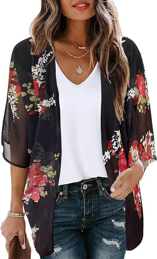 Women's Floral Print Puff Sleeve Kimono Cardigan Loose Cover Up Casual Blouse Tops | Amazon (US)