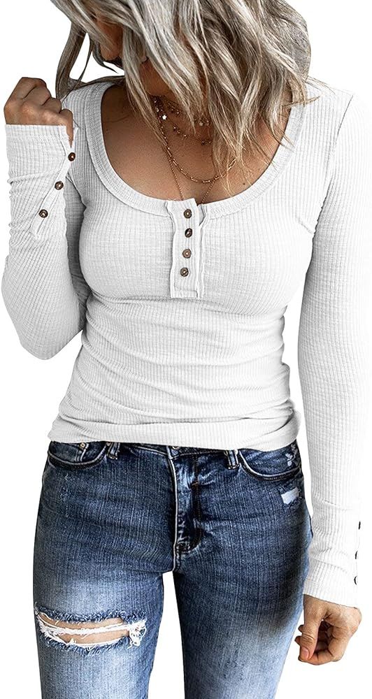 Bingerlily Womens Slim Fit Henley Tops Long Sleeve Button Shirts V Neck Cute T Shirts | Amazon (US)