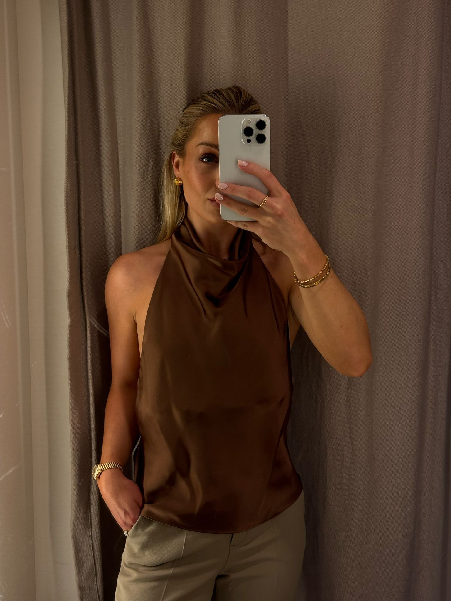 Zara satin halter neck top, spring fashion, brown tones, spring top, neutrals, transitional style, going out outfit idea, jeans and a nice top, spring styling  

 #LTKuk #LTKspring #LTKstyletip