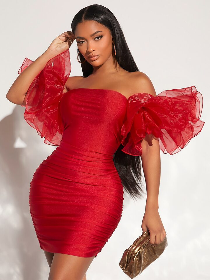 SHEIN SXY Off Shoulder Exaggerated Ruffle Ruched Mesh Bodycon Dress | SHEIN