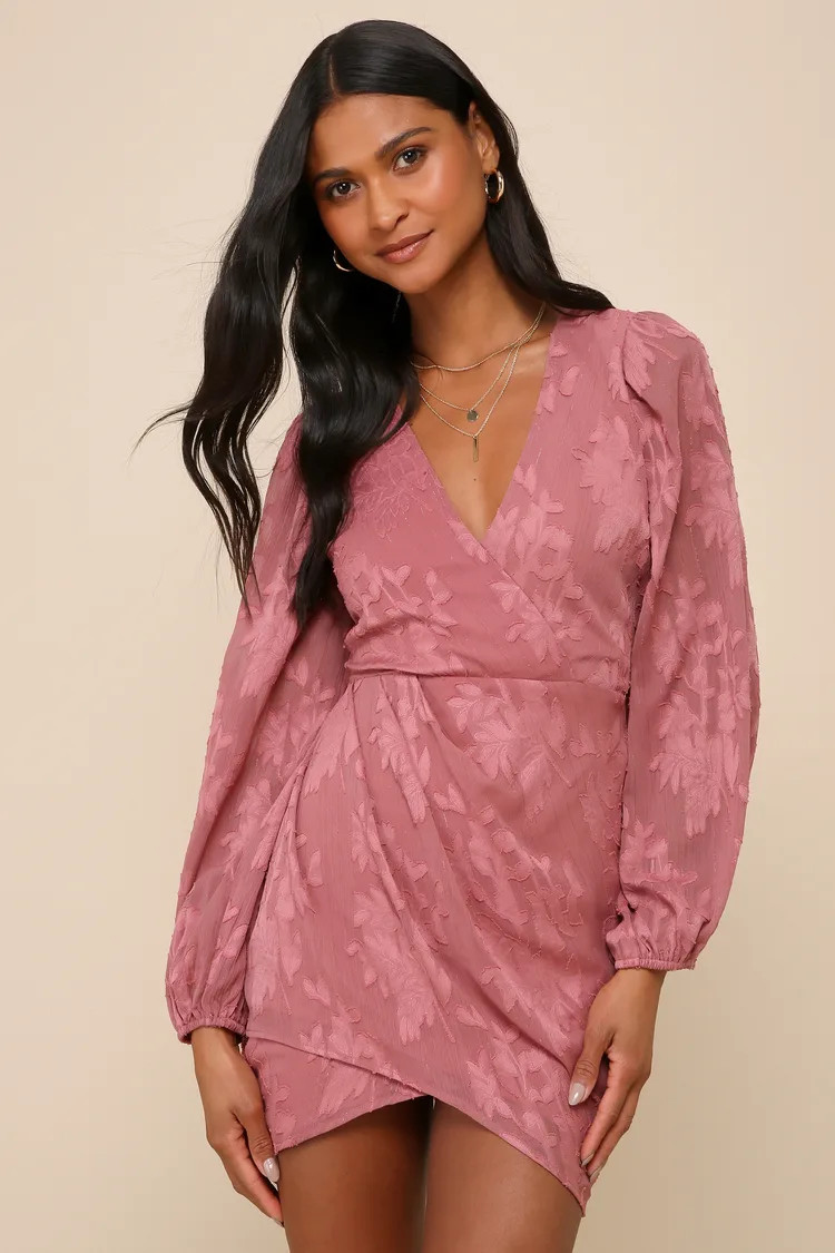 Meant to Shine Mauve Floral Jacquard Long Sleeve Mini Dress | Lulus