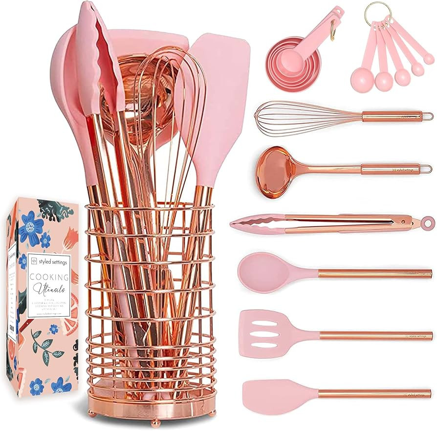 Copper and Pink Kitchen Utensils -17PC Pink Cooking Utensils Set with Holder: Pink Measuring Cups... | Amazon (US)