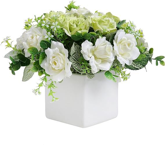 MyGift Artificial White Rose, Fake Flower Bouquet Arrangement in Square White Ceramic Vase Plante... | Amazon (US)