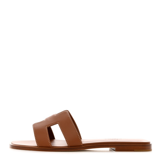 HERMES Box Calfskin Oran Sandals 37.5 Gold | FASHIONPHILE (US)