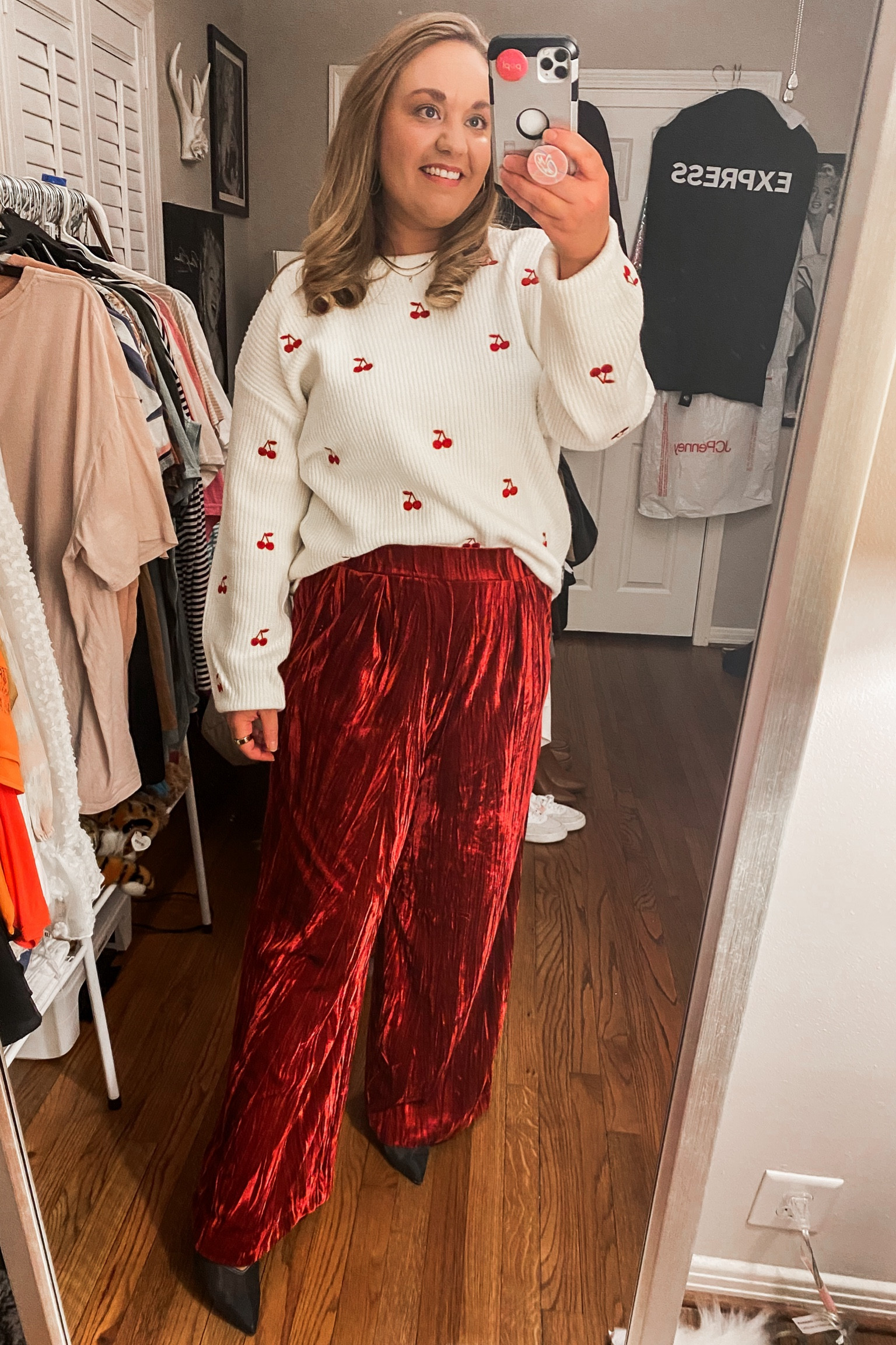 Holiday outfit, Christmas outfit, 
cherry pullover, crewneck sweater, 
holiday style, red pants, work outfit, black heels, mule heels 

#LTKFindsUnder50 #LTKWorkwear #LTKHoliday