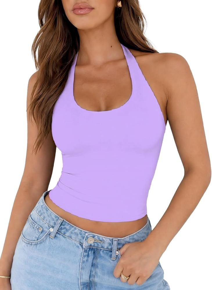 ForeFair Women Sexy Halter Neck Backless Going Out Tops Open Back Sleeveless Slim Fit Y2k Summer Tops | Amazon (US)