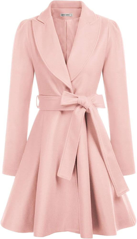 Women's Notch Lapel Long Puff Sleeve a Line Pea Coat with Self Tie Belt | Amazon (US)