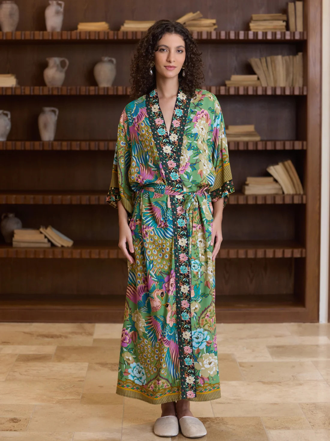 Green Phoenix Bloom Cotton Kimono Robe | ulivary