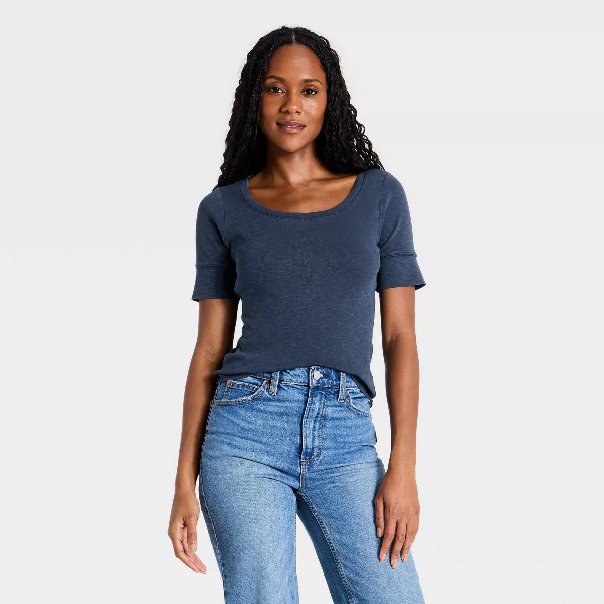 Women's Short Sleeve Cotton Ribbed Scoop Neck T-Shirt - Universal Thread\u2122 Blue L | Target