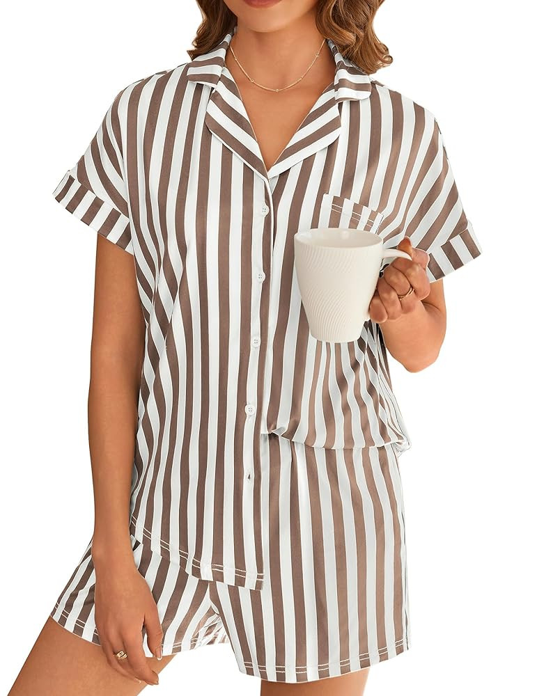Ekouaer Womens Button Down Pajamas Set 2 Piece Sleepwear Short Sleeve Pjs Soft Stripe Lounge Sets | Amazon (US)