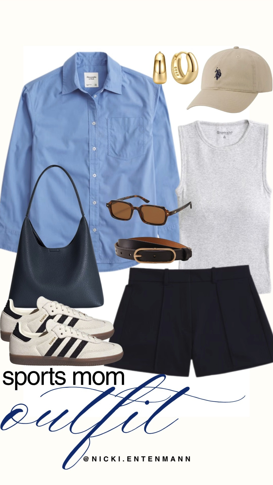 Nail sidelines style with this chic preppy sports mom outfit edit. A light blue button-down layer wears effortlessly over a grey ribbed tank paired with tailored navy shorts and a sleek brown belt. Classic white Adidas Sambas, a navy leather tote, tortoiseshell sunglasses, gold chunky hoops, and a neutral baseball cap finish the look.

#sportsmom #momstyle #preppycasual #sidelinestyle #everydayfashion #outfitinspiration 

 #LTKootd #LTKmomlife #LTKTravel