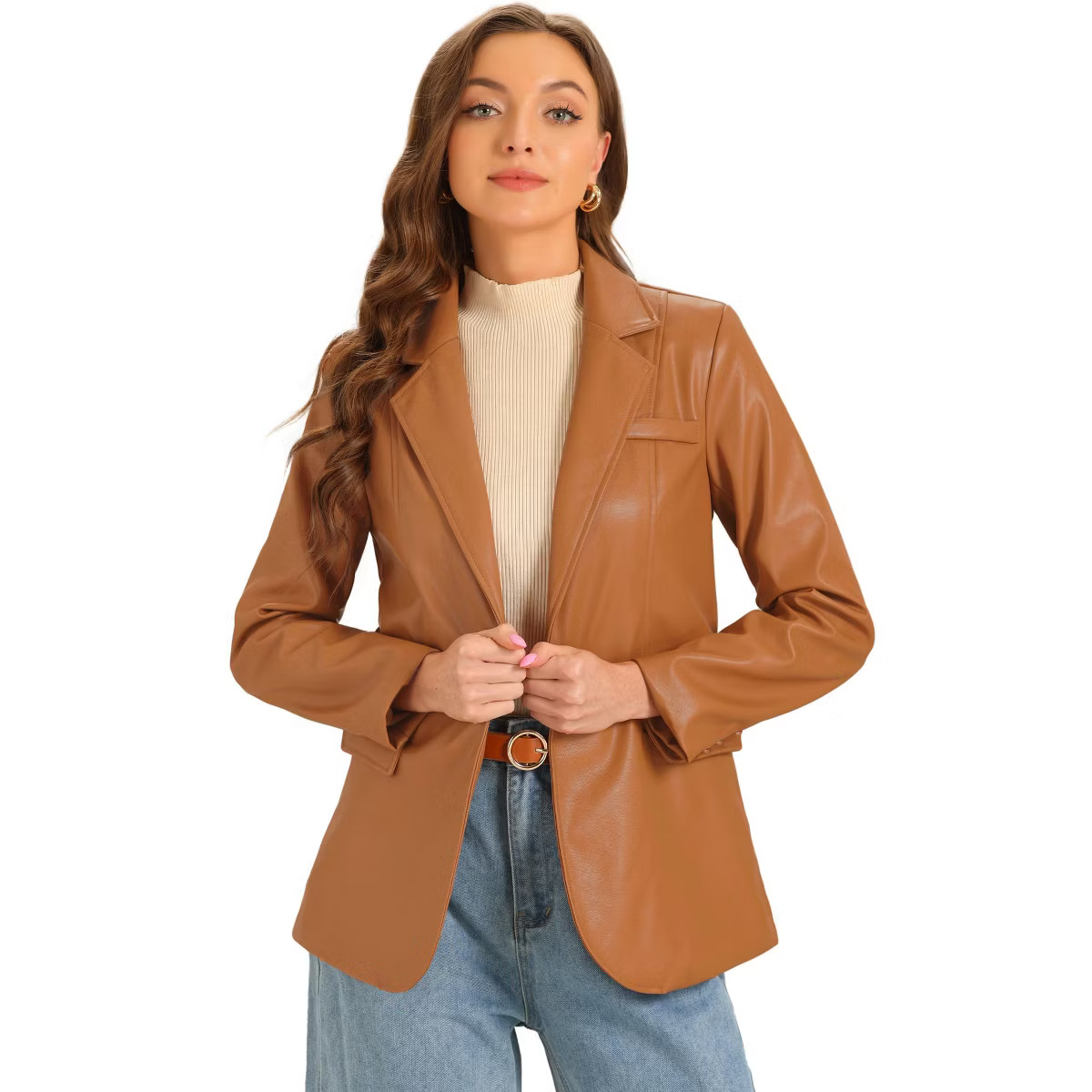 Allegra K Women's Faux Leather Long Sleeve Lapel Collar PU Moto Biker Jacket Large Caramel | Target