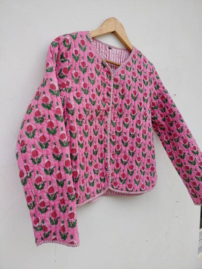 Indian HandBlock Print Fabric Quilted Jacket Short kimono Women Wear New Style Pink Flower Coat | Etsy (US)