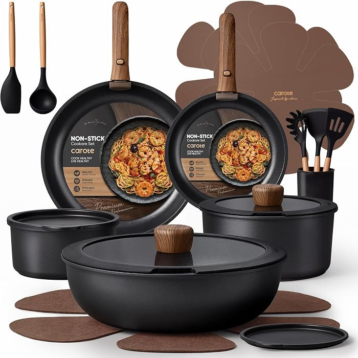 CAROTE 21pcs Pots and Pans Set Non Stick, Detachable Handle Cookware, Black | Amazon (US)