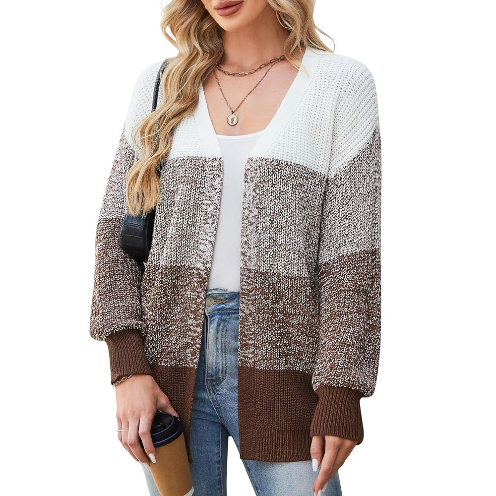 Women's Color Block Cardigan Sweater Oversized Knit Cardigans Sweaters Long Sleeve Open Front Fal... | Amazon (US)