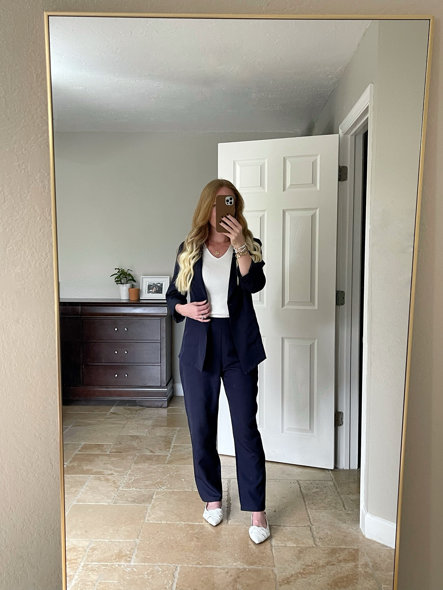 EVERYTHING ON SALE! Sale prices shown on websites. Women’s workwear: navy blue pant suit (medium), sling back white flats (8), white ribbed shirt (medium), gold jewelry. 

Office looks, looks for the office

#LTKWorkwear #LTKSaleAlert #LTKShoeCrush
