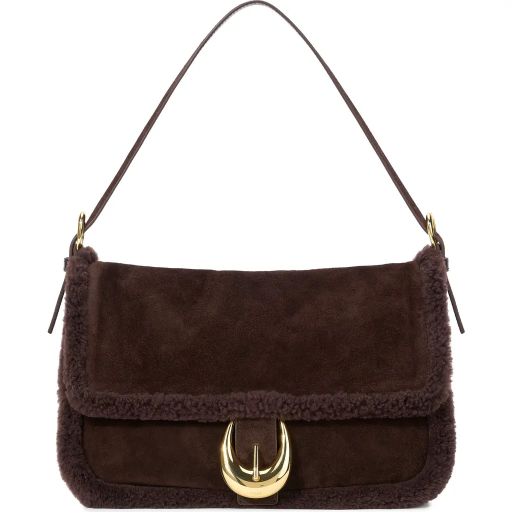STAUD Medium Harlow Suede Shoulder Bag with Faux Shearling Trim in Espresso at Nordstrom | Nordstrom