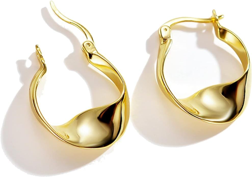 Sterling Silver Hoop Earrings for Women,14K White Gold Earrings Hypoallergenic Chunky Huggie Silv... | Amazon (US)