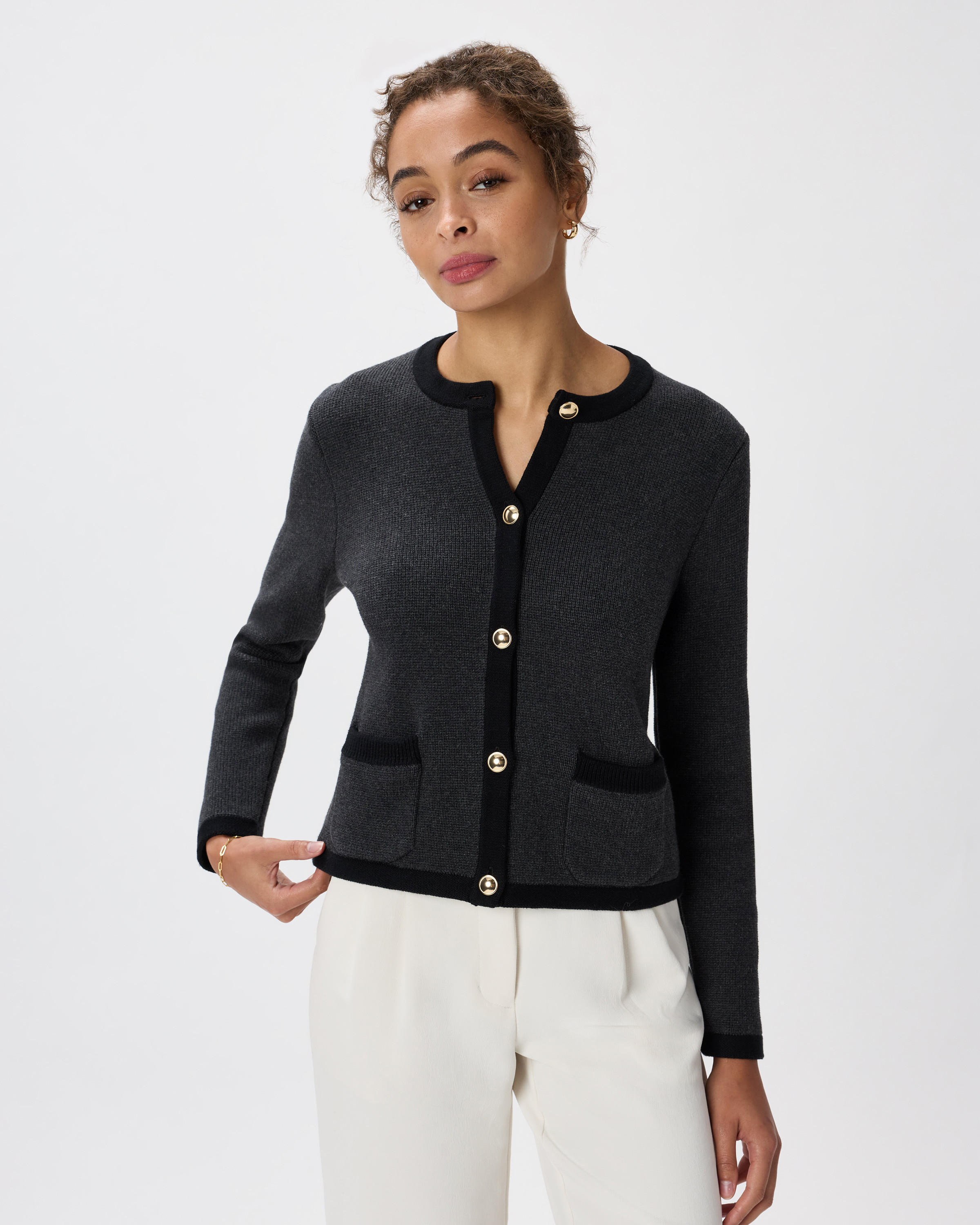 Quince | Women's Sweater Jacket in Charcoal/Black Colorblock, Size Medium, Organic Cotton