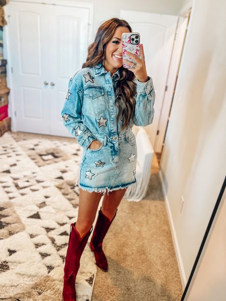 Denim dress with suede maroon boots - game day outfit - fall outfit - work outfit - fall family photos - fall outfit idea 

#LTKworkwear #LTKmidsize #LTKshoecrush