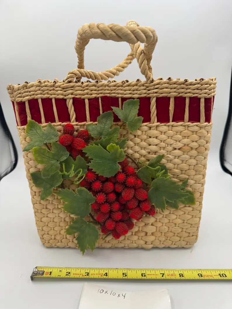 Vintage Woven Straw Purse With Velvet and Faux Berry Grapes Whimsical 10x10 Handbag With Red Trim... | Etsy (US)