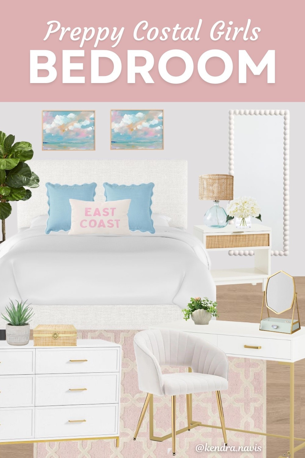 Preppy Coastal Girls Bedroom - Blush Pink, Blue, & Gold Decor

Teenage girl bedroom, college girl bedroom, college apartment, dorm room decorating, gold home accents, costal bedroom, beach house decor, beach bedroom, boho costal design style, preppy girl decor, Pottery Barn teen, costal home, lake house, beach themed room, pink decor, blue decor, Wayfair finds, Amazon finds, white and gold desk, bedroom dresser, rattan furniture, luxury bedroom, teen girl, back to college shopping, girl dorm