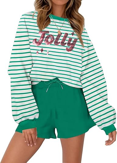 VILOVE Christmas Sweat Shorts Sets Women 2 Piece Merry Xmas Jolly Sequin Outfit Oversized Casual ... | Amazon (US)