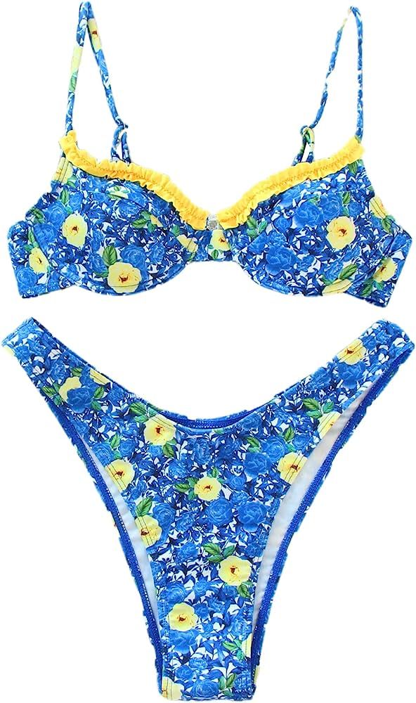 Floerns Women's Floral Frill Trim Underwire High Cut Two Piece Bikini Swimsuit | Amazon (US)