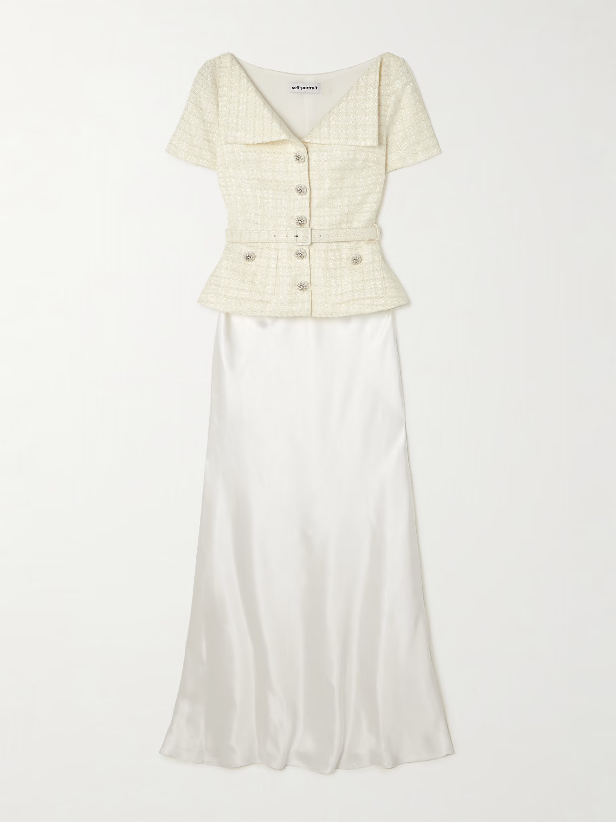 Self-Portrait - Belted Embellished Bouclé And Satin Maxi Dress - Cream | NET-A-PORTER (US)