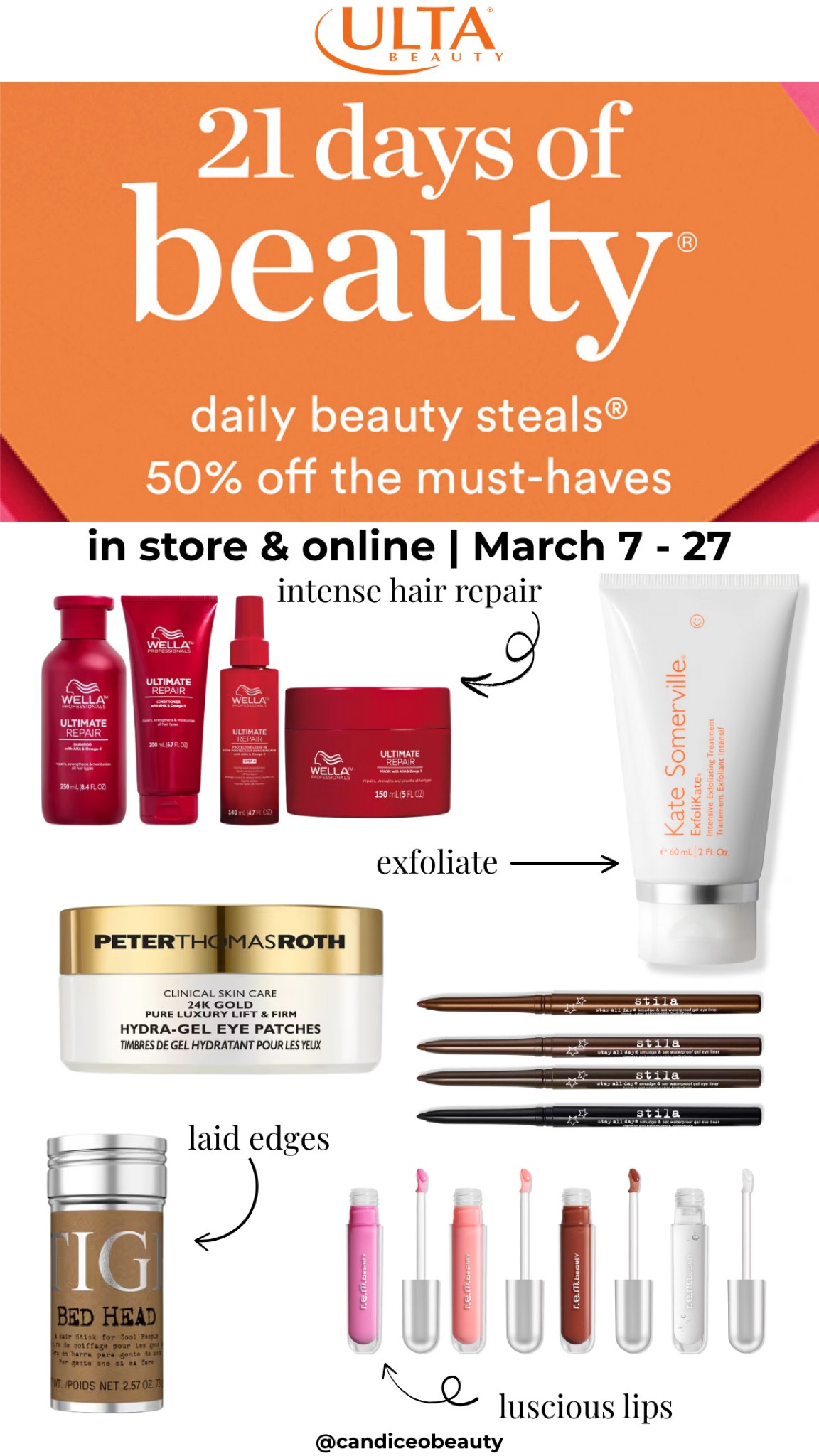 March 13 deals for ULTA 21
days of beauty. Get 50% off your faves and new finds March 7-27. Daily and weekly deals  

#LTKFindsUnder50 #LTKBeauty #LTKSaleAlert