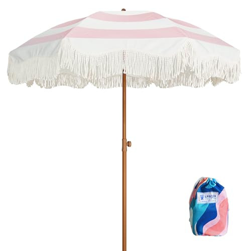 AMMSUN Boho Fringe Umbrella with Outdoor Blanket, 6.5ft UPF50+ Picnic Umbrella with Tassels with Steel Pole & Push Button Tilt, Pink Stripes | Amazon (US)