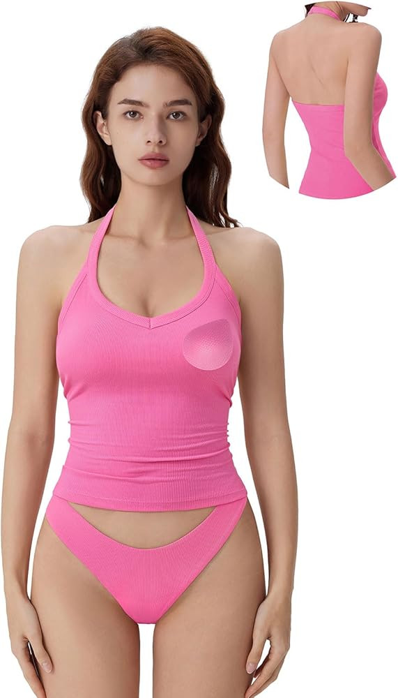 SUUKSESS Halter Tank Top for Women with Built in Bra Cotton Ribbed V Neck Cami | Amazon (US)