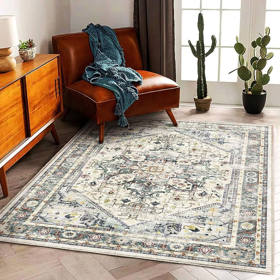 3'x5' Cyan Khaki Vintage Washable Thin Area Rug Traditional Floor Cover Foldable Indoor Distresse... | Amazon (US)