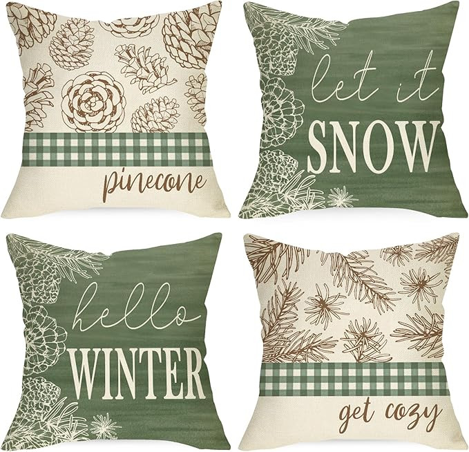 Hello Winter Pine Cone Decorative Throw Pillow Covers 20 x 20 Set of 4, Let It Snow Pine Needle G... | Amazon (US)