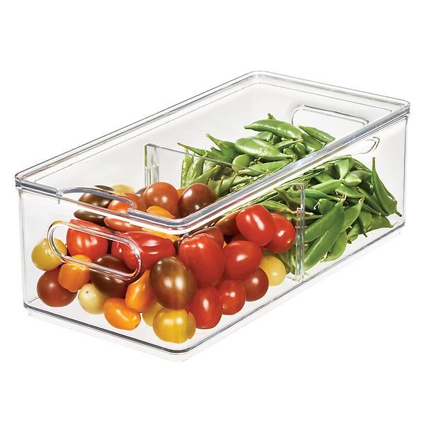 Case of 8 T.H.E. Lg Divided Fridge Bin Clear | The Container Store