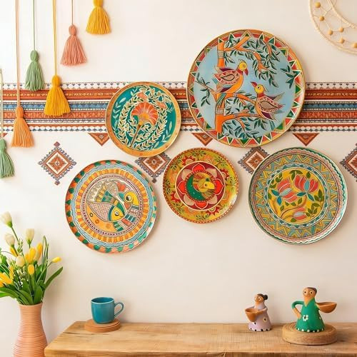Amazon.com: JFUJFU Madhubani Indian Art Wall Decor - Metal 3D Hanging Plates for Home (Set of 5) ... | Amazon (US)