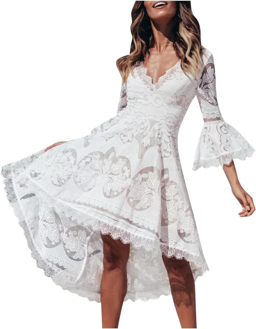 Summer Women White Lace Midi Dresses 3/4 Bell Sleeve V-Neck Elegant Boho High Low Dresses Casual ... | Amazon (US)