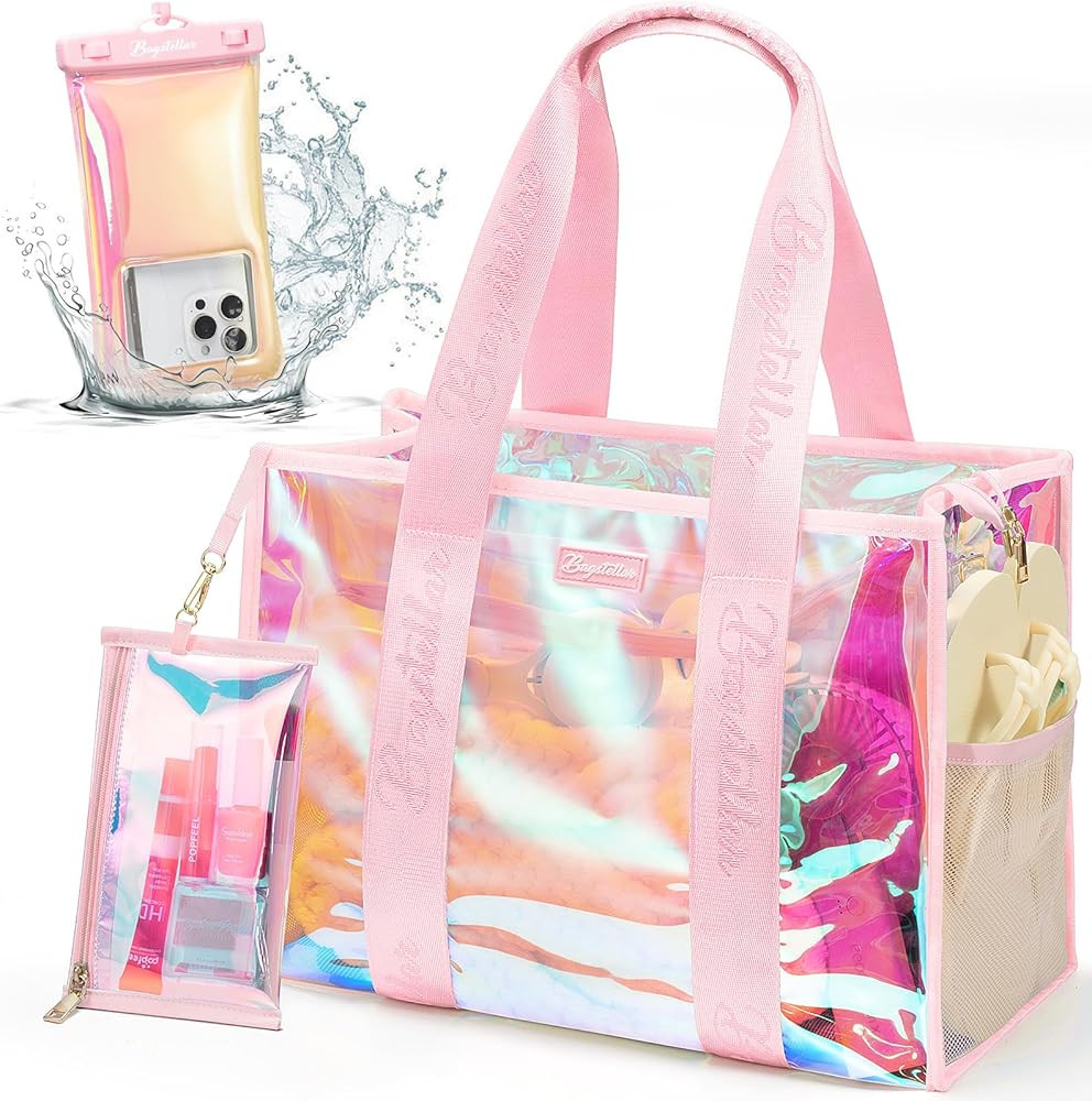 Iridescent Beach Tote Bags for Women, Large Zipper Beach Pool Swim Bag with Makeup Bag & Waterpro... | Amazon (US)