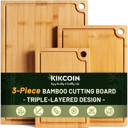 Kikcoin Bamboo Cutting Board, 3 Pcs Cutting Board with 3 Hooks, Wood Chopping Boards for Kitchen, Deep Juice Groove for Vegetables and Meat | Walmart (US)