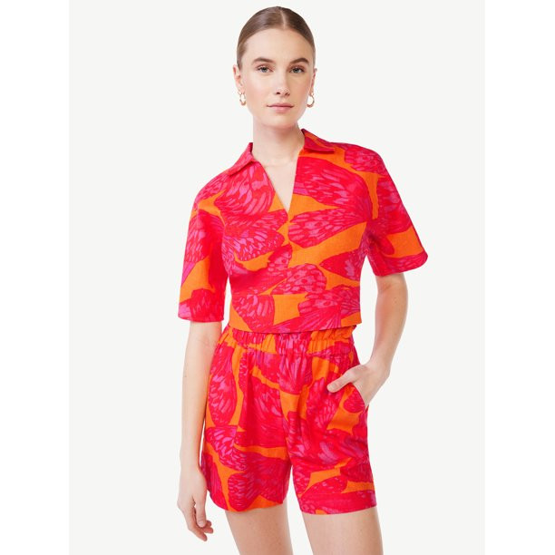 Scoop Women's Cropped Linen Blend Top with Collar - Walmart.com | Walmart (US)