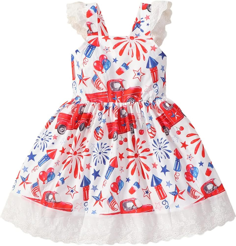 Girls 4th of July Dress Kids Patriotic American Flag Flutter Sleeve Dresses Toddler Independence ... | Amazon (US)
